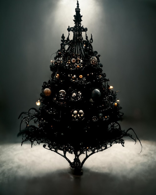 Фото Там черная рождественская елка с украшениями на ней