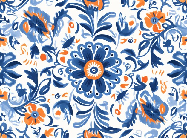 写真 白い背景に青とオレンジ色の花のパターンがあります