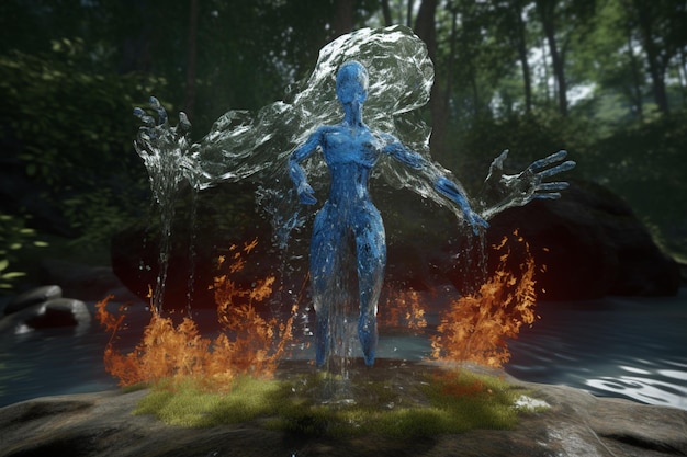 Фото В воде стоит синий человек с искусственным интеллектом, генерирующим огонь.