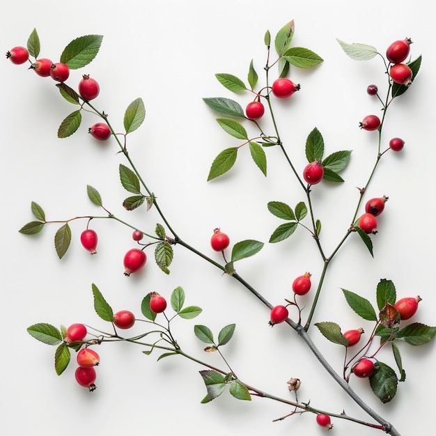 Фото Есть ветвь красных ягод с зелеными листьями на белой поверхности генеративной ай