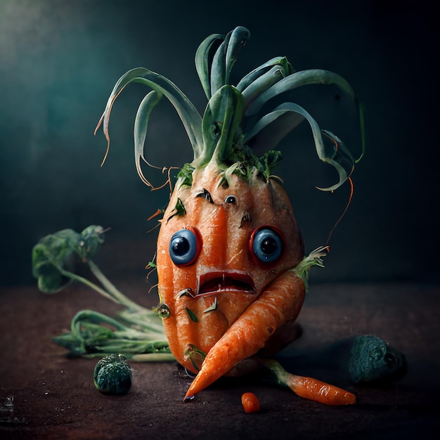 Фото Там есть морковь с лицом, сделанным из него и брокколи генеративный ай