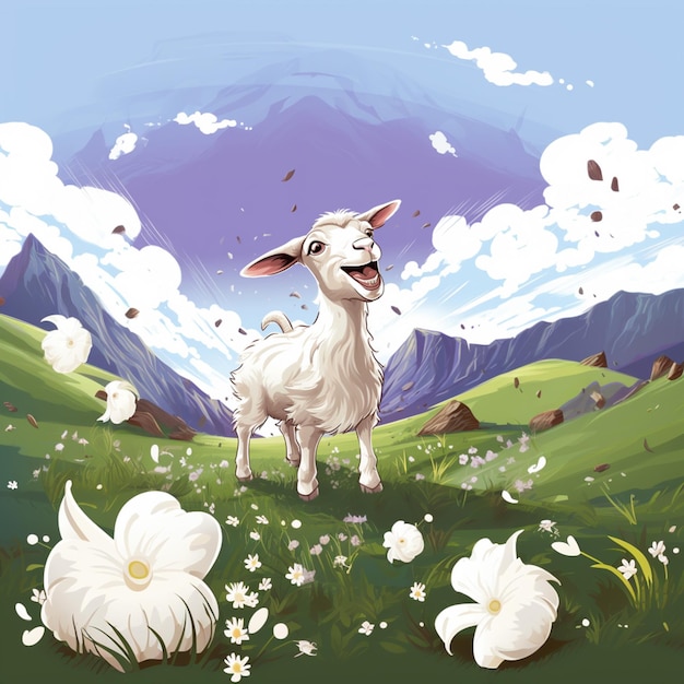 Фото Есть мультфильмная овца, стоящая в поле цветов.