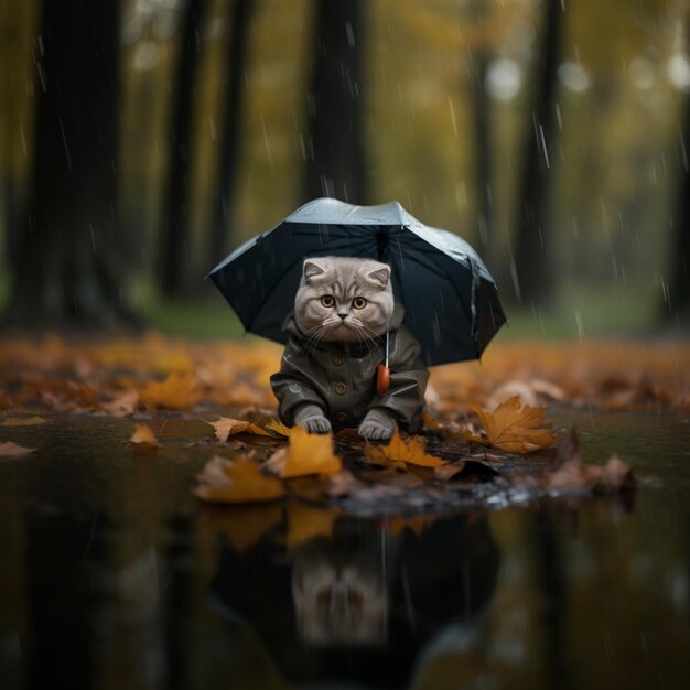 Фото Там есть кошка, которая сидит под зонтиком в дождь генеративный ай