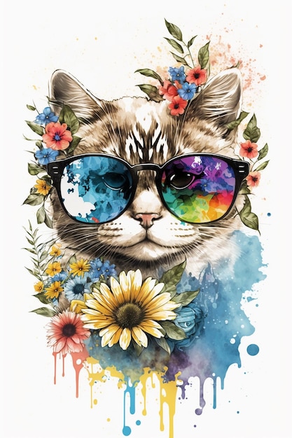 Фото Есть кот, носящий солнцезащитные очки и цветы на голове.