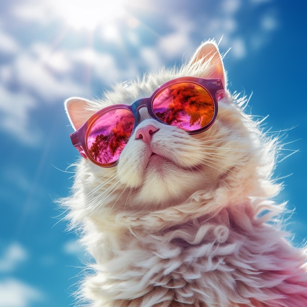 Фото Есть кот в солнечных очках и смотрит в небо с генеративным искусственным интеллектом