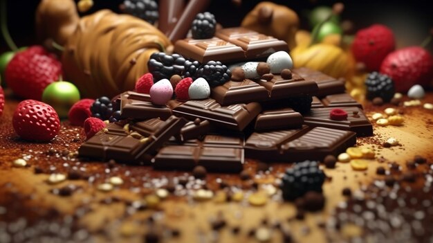 Фото Там шоколадный торт с фруктами и шоколадом на нем генеративный ай