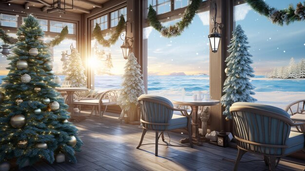 写真 海が見える部屋の隅にクリスマスツリーがある生成ai