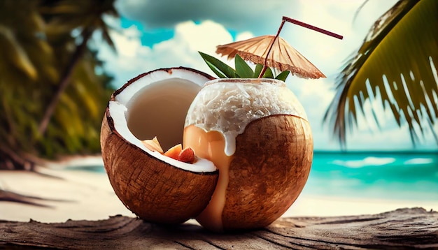 Фото Есть кокосовый напиток с соломинкой и соломенным зонтиком генеративный ай