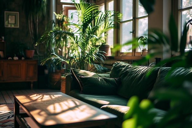 写真 ソファとテーブルの部屋に植物が生み出されます