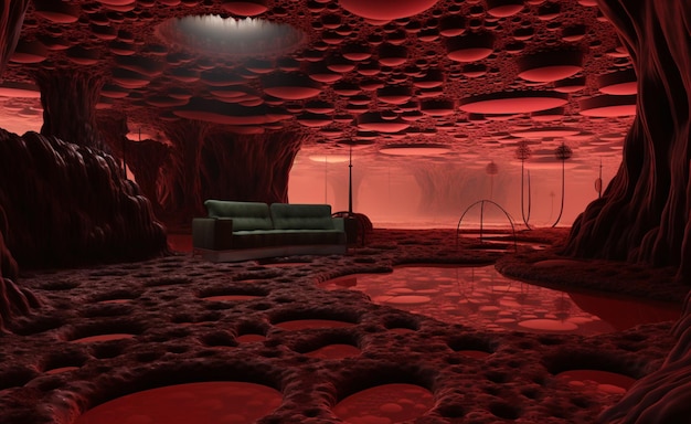 Фото В комнате с красным потолком есть диван с генеративным искусственным интеллектом