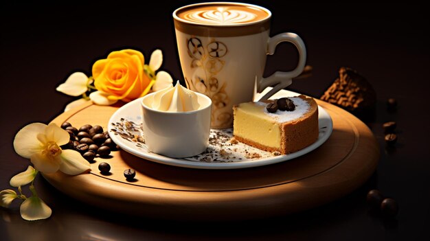 사진 커피 한 잔과 케이크 한 조각이 접시 위에 있습니다.