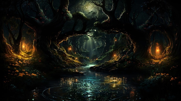 写真 水の流れとたくさんの木がある暗い森があります。生成 ai