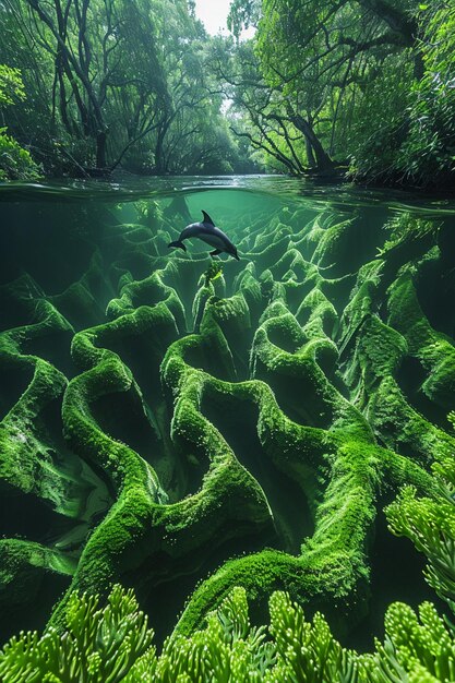 写真 緑の植物の近くで海豚が泳いでいます