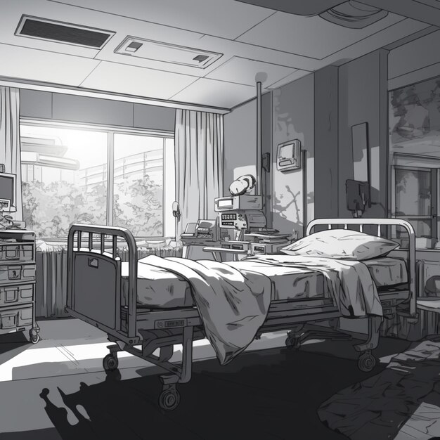 Фото Есть рисунок больничной комнаты с кроватью и телевизором.