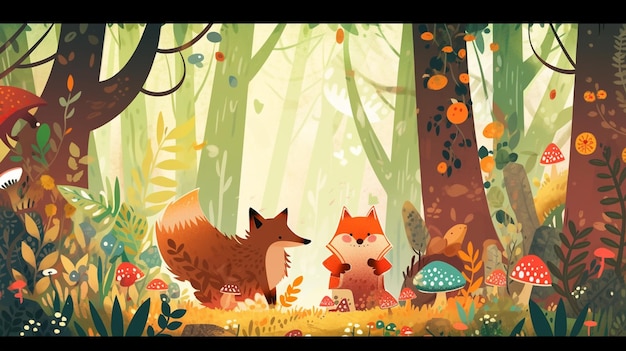 사진 숲 속에는 여우와 다람가 함께 있습니다.