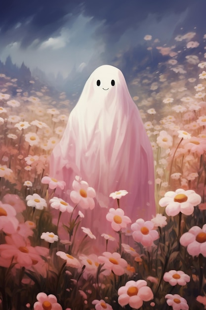 사진 꽃 ⁇ 에 미소 짓고 서 있는 유령이 있습니다.