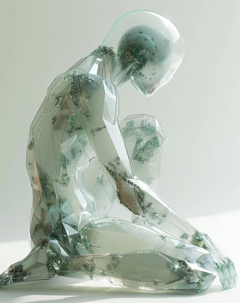 Фото Есть стеклянная скульптура человека, сидящего на белой поверхности.