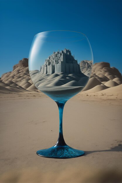 Фото Там есть стакан с замком в нем сидит на песке генеративный ай