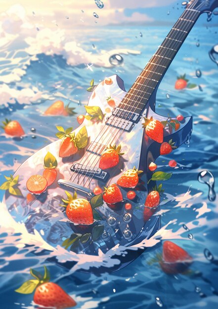사진 딸기 생성 ai와 함께 물 위에 떠 있는 기타가 있습니다.