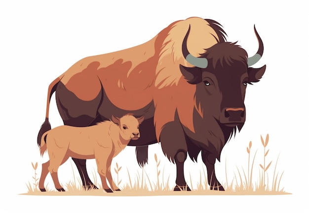Фото Есть большой буйвол и маленький буйвол, стоящие в поле.