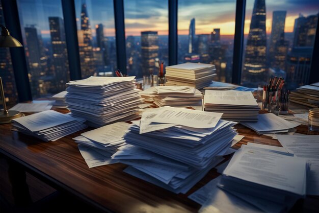 Фото На рабочем месте есть большая стопка канцелярских бумажных пап и документации, содержащих