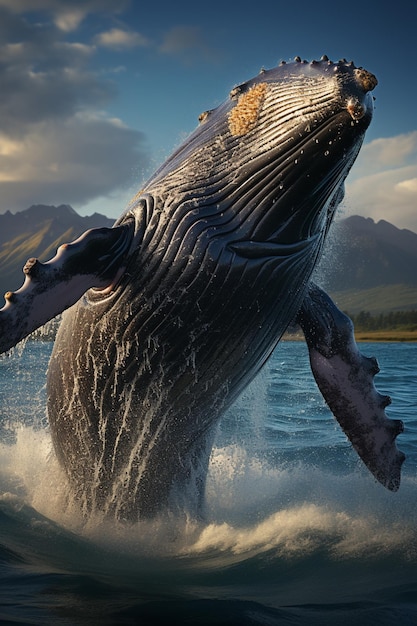 Фото Из воды выпрыгивает большой кит, генеративный искусственный интеллект