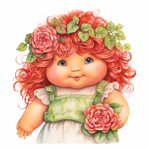 写真 赤いと花の冠をつけた小さな女の子がいます