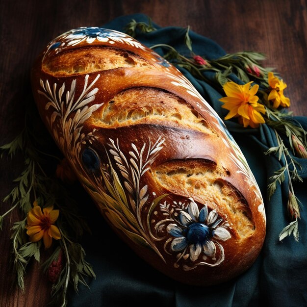 Фото Там есть хлеб с цветочным украшением на нем генеративный ай