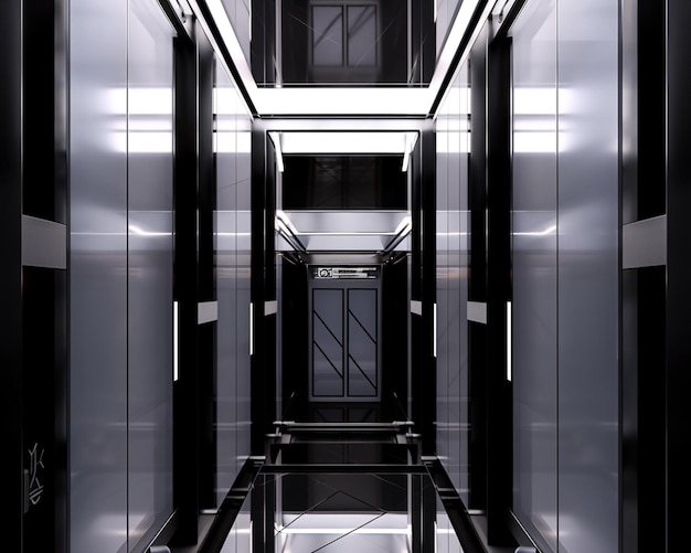 Фото Там длинный коридор с черно-белым полом и черной дверью генеративной аи