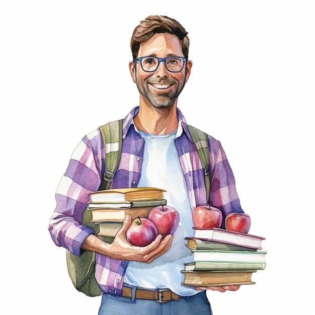 Фото Там есть человек, держащий стопку книг и яблоко генеративный ай
