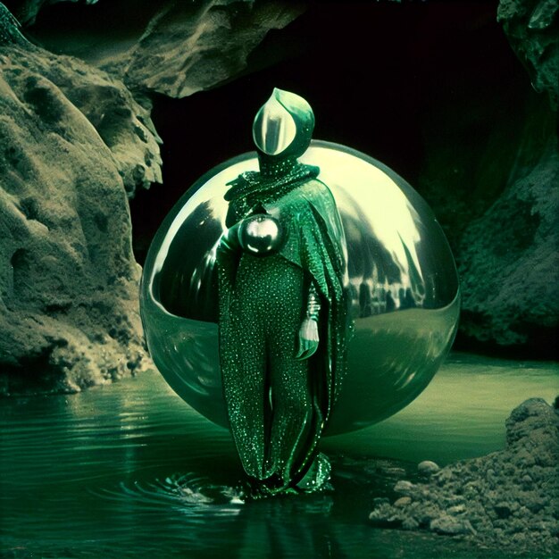 Фото Есть человек в зеленом костюме, стоящий в водоеме.