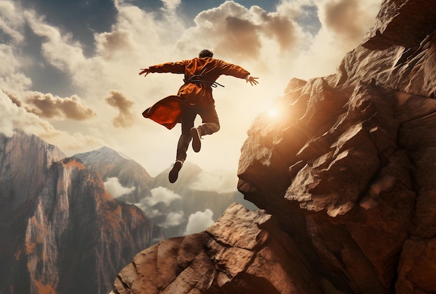 Фото Там мужчина прыгает со скалы в воздух генеративный ии