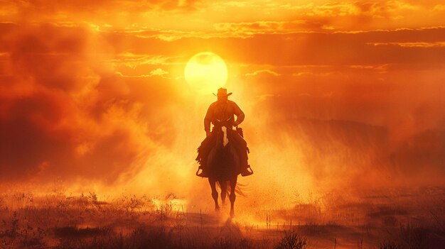 写真 夕暮れの畑で馬に乗っている男がいます