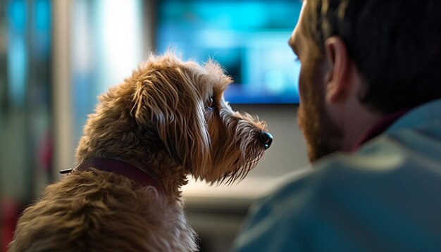 写真 犬と一緒にテレビを見ている男性がいます