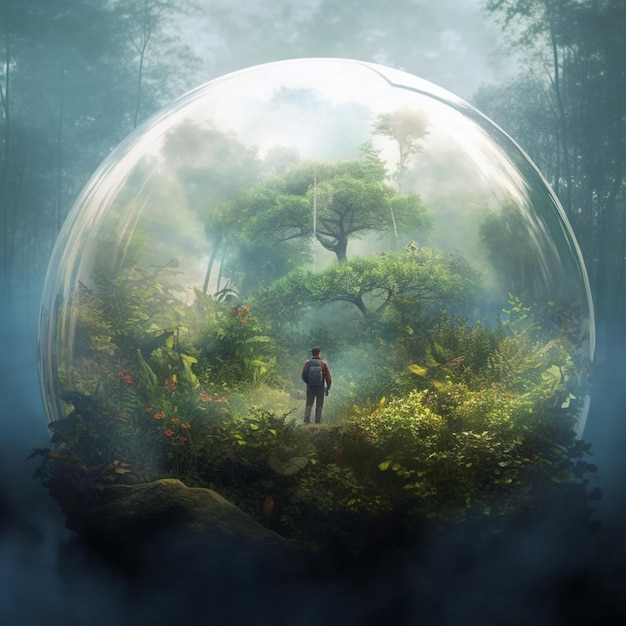 写真 ガラスのボールの中に立っている男が森の中にいます