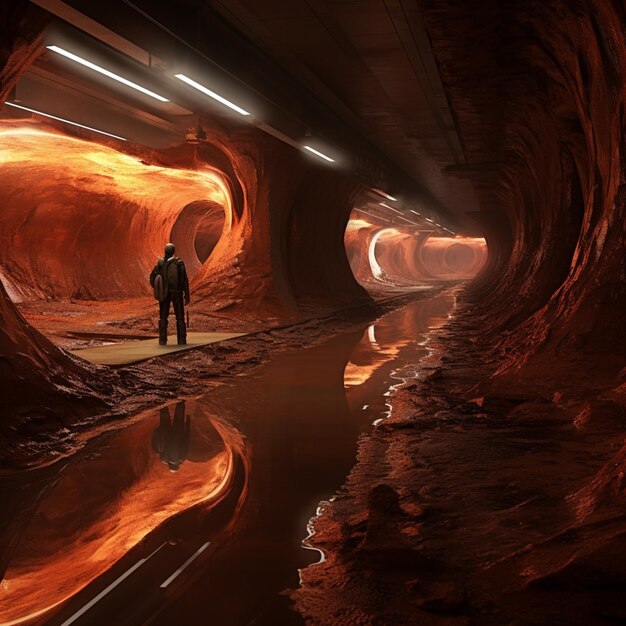 Фото Есть человек, стоящий в туннеле с отражением в воде генераторный ай
