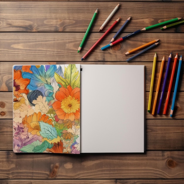 Фото Там есть тетрадь с цветочным рисунком и цветными карандашами.