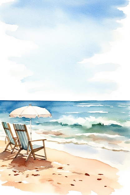 사진 해변에 있는 의자와 우산의 그림이 있습니다.