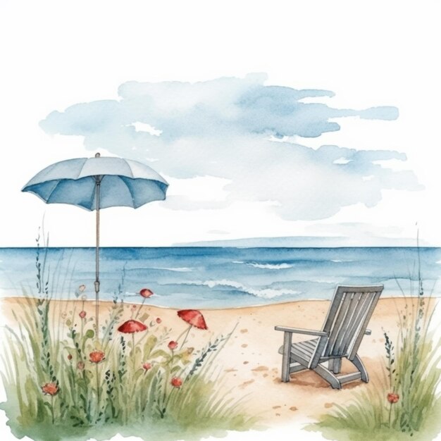 사진 의자와 우산이 있는 해변 장면의 그림이 있습니다.
