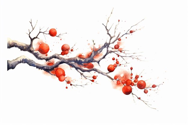 写真 赤いベリーが付いている枝の絵が描かれています