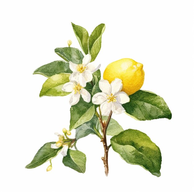 写真 花と葉のあるレモンの木の絵があります