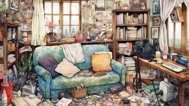 Фото Есть картина гостиной с диваном и книжной полкой ai generative