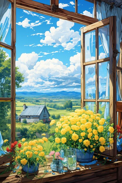 写真 農場の景色のある窓の絵が描かれています
