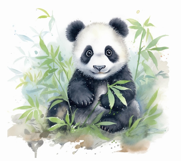 Фото Там есть медведь-панда, сидящий в траве с растением.