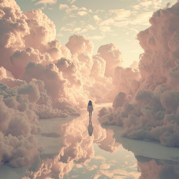 Фото Есть человек, стоящий посреди озера, окруженный облаками.