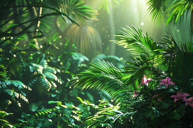 Фото Есть картина джунглей с большим количеством растений и деревьев.