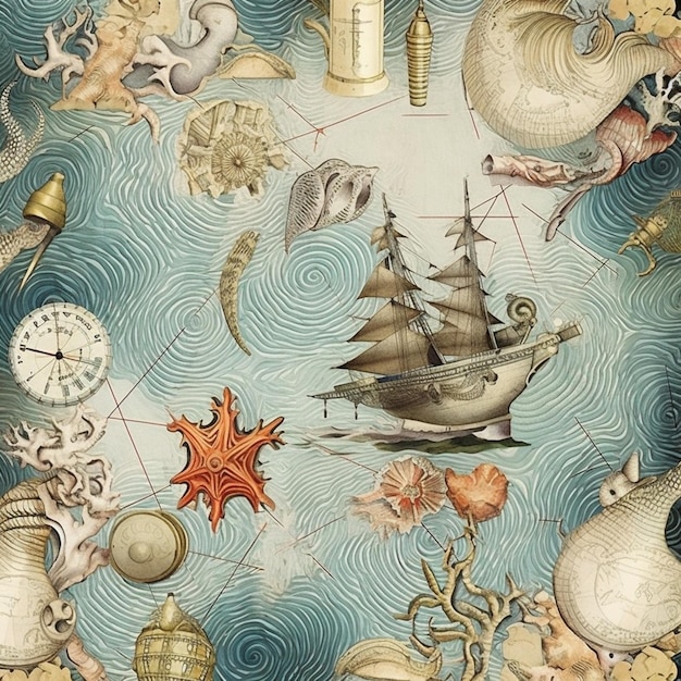 写真 海洋生物に囲まれた船を描いた絵画
