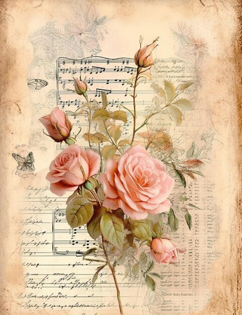 Фото На музыкальном листе есть изображение розы с генеративным ии