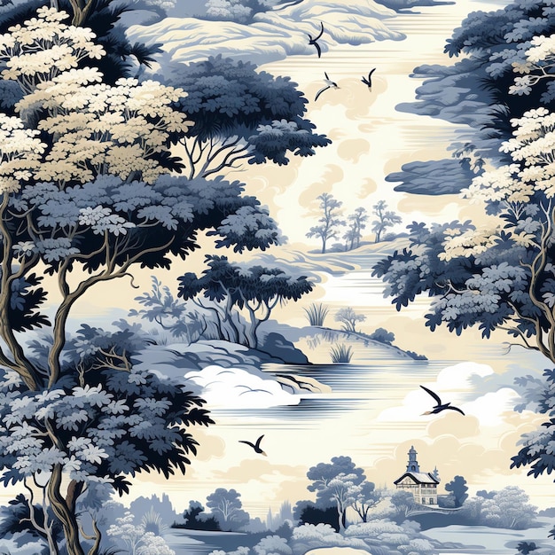 사진 나무와 새의 풍경이 있는 벽지 그림이 있습니다.