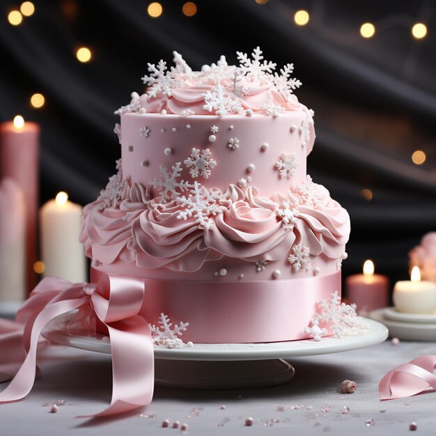 Фото Есть розовый торт с белой глазурой и розовыми лентами.